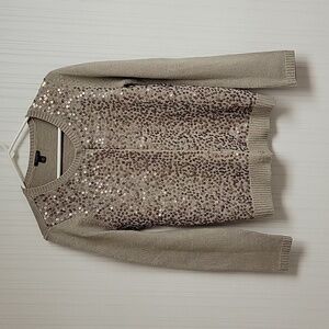 Ann Taylor medium snap front cardigan beige sequins. Long sleeve merino wool